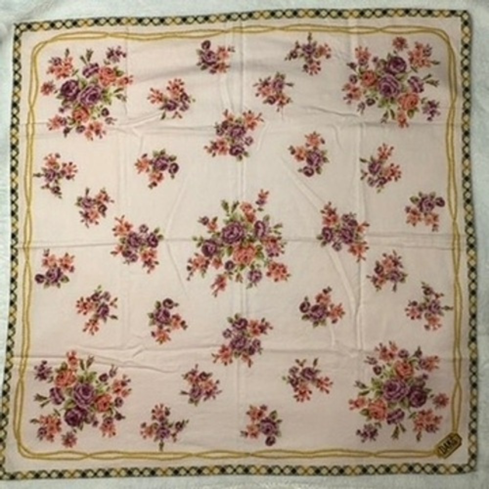 Vtg DAKS Scarf Handkerchief Floral Rose Pink Purple Gold 19"